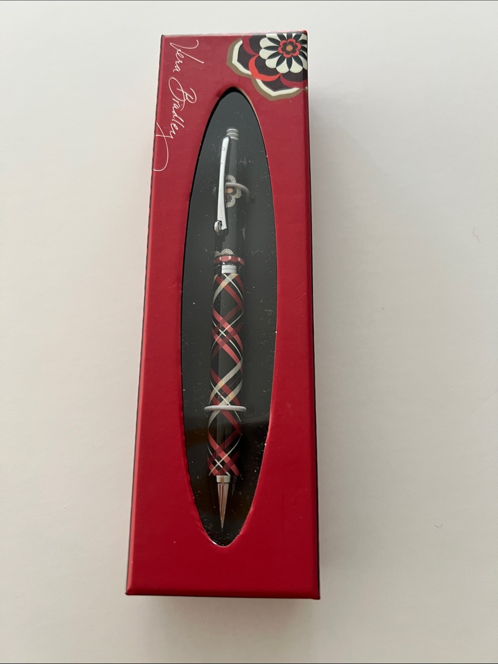 Vera Bradley Red Plaid Twist Pen with Silver Accents